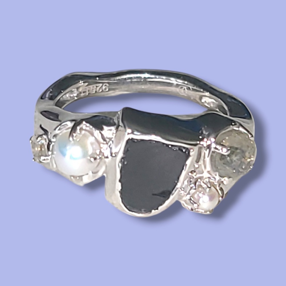 Moon Magic Sterling Silver 925 Black Obsidian Pearl Labradite Heirloom Ring Sz 6